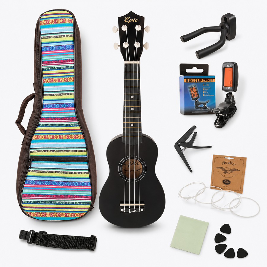 Ukelele Soprano Epic Music 21” con Funda, Afinador, Capo y Accesorios | Negro