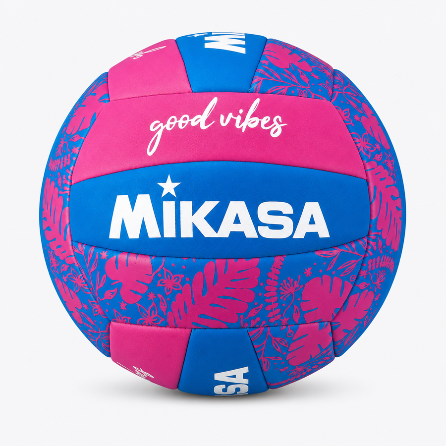 Balón de Vóleibol Playa Mikasa Good Vibes N°5 Con Malla y Aguja Fucsia/Azul