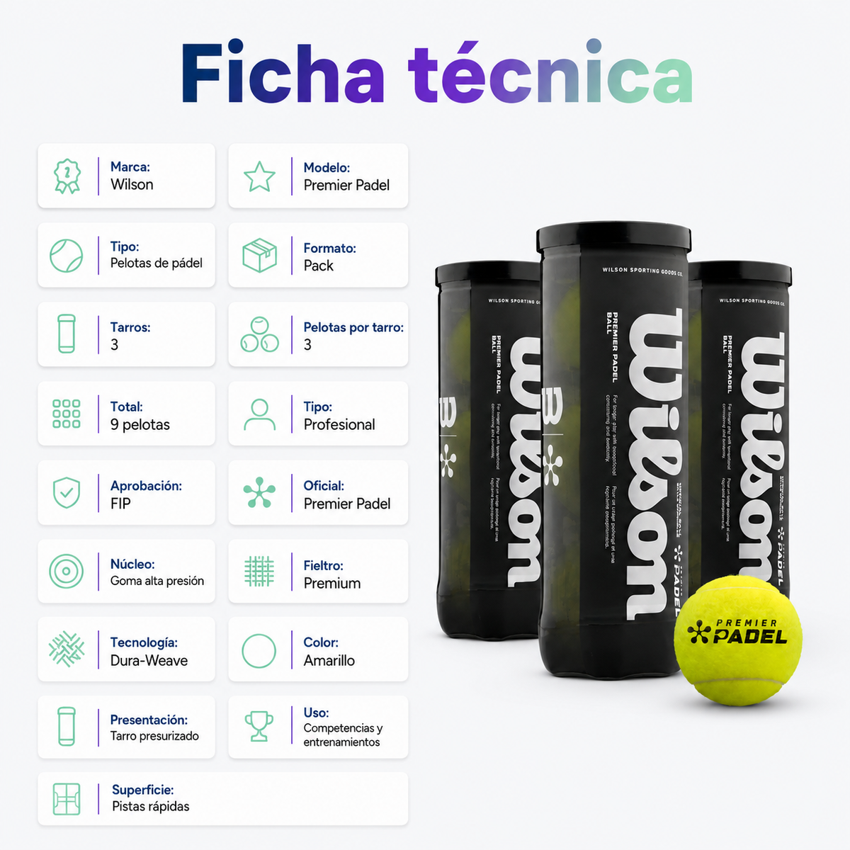 Pack Pelotas de Pádel Wilson Premier Padel 3 Tarros 9 Unidades