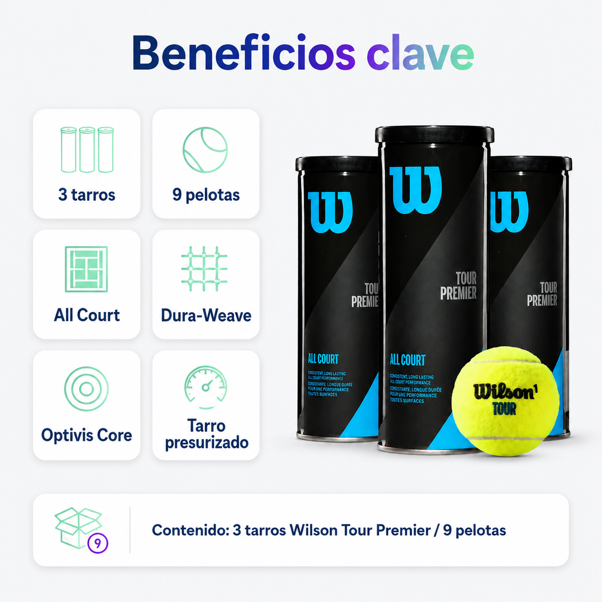 Pack Pelotas de Tenis Wilson Tour Premier All Court 3 Tarros 9 Unidades
