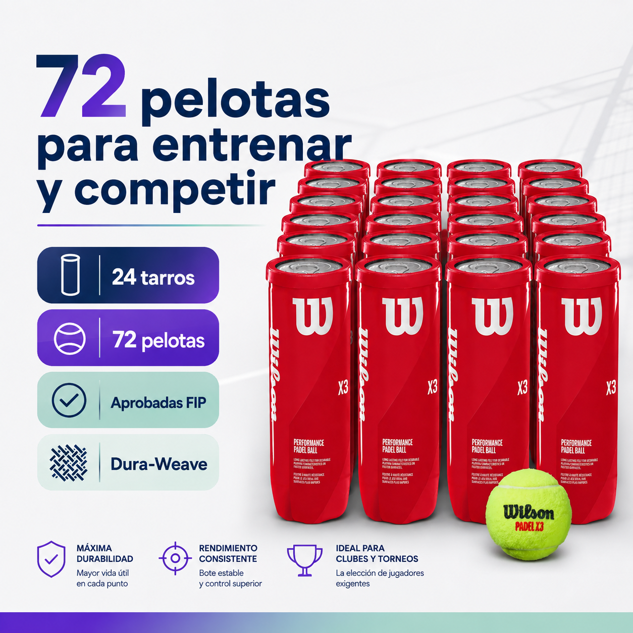 Pack Pelotas de Pádel Wilson X3 Performance 24 Tarros 72 Unidades
