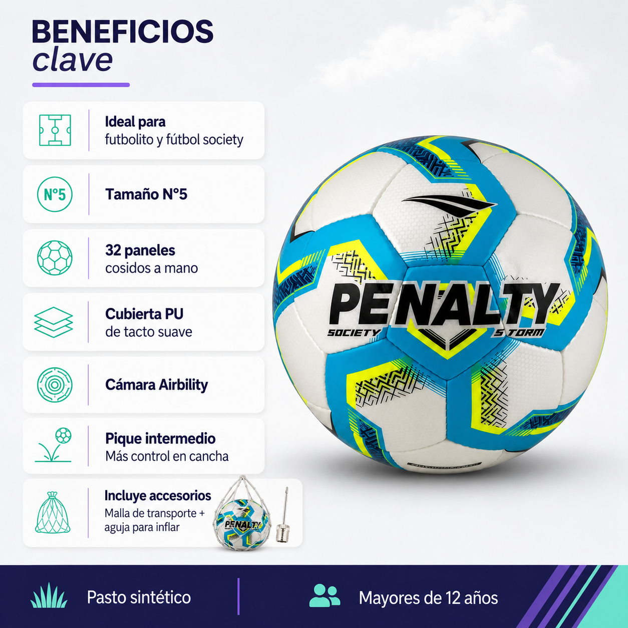Balón de Futbolito/ Futbol7 Penalty Storm XXV N°5 PU Cosido a Mano | Azul