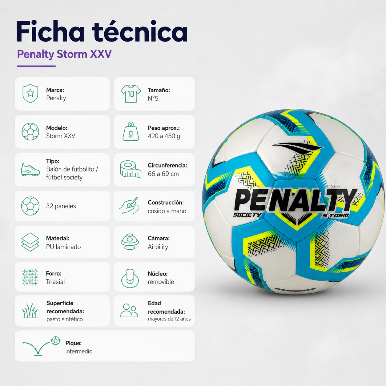 Balón de Futbolito/ Futbol7 Penalty Storm XXV N°5 PU Cosido a Mano | Azul