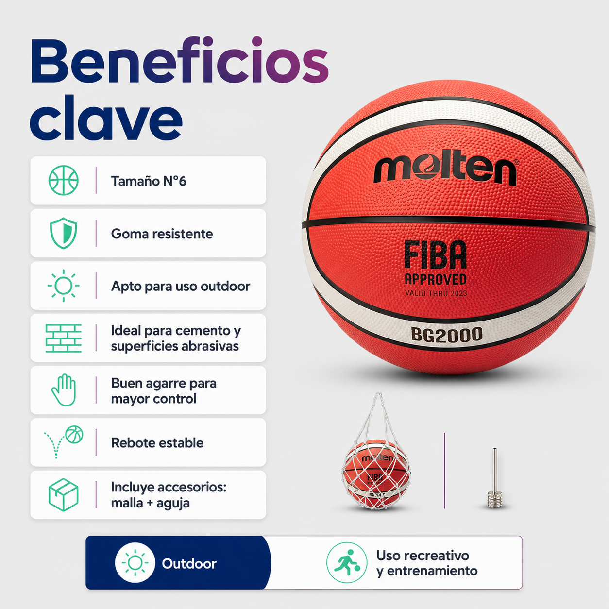 Balón de Básquetbol Molten BG2000 N°6 Outdoor de Goma Naranja