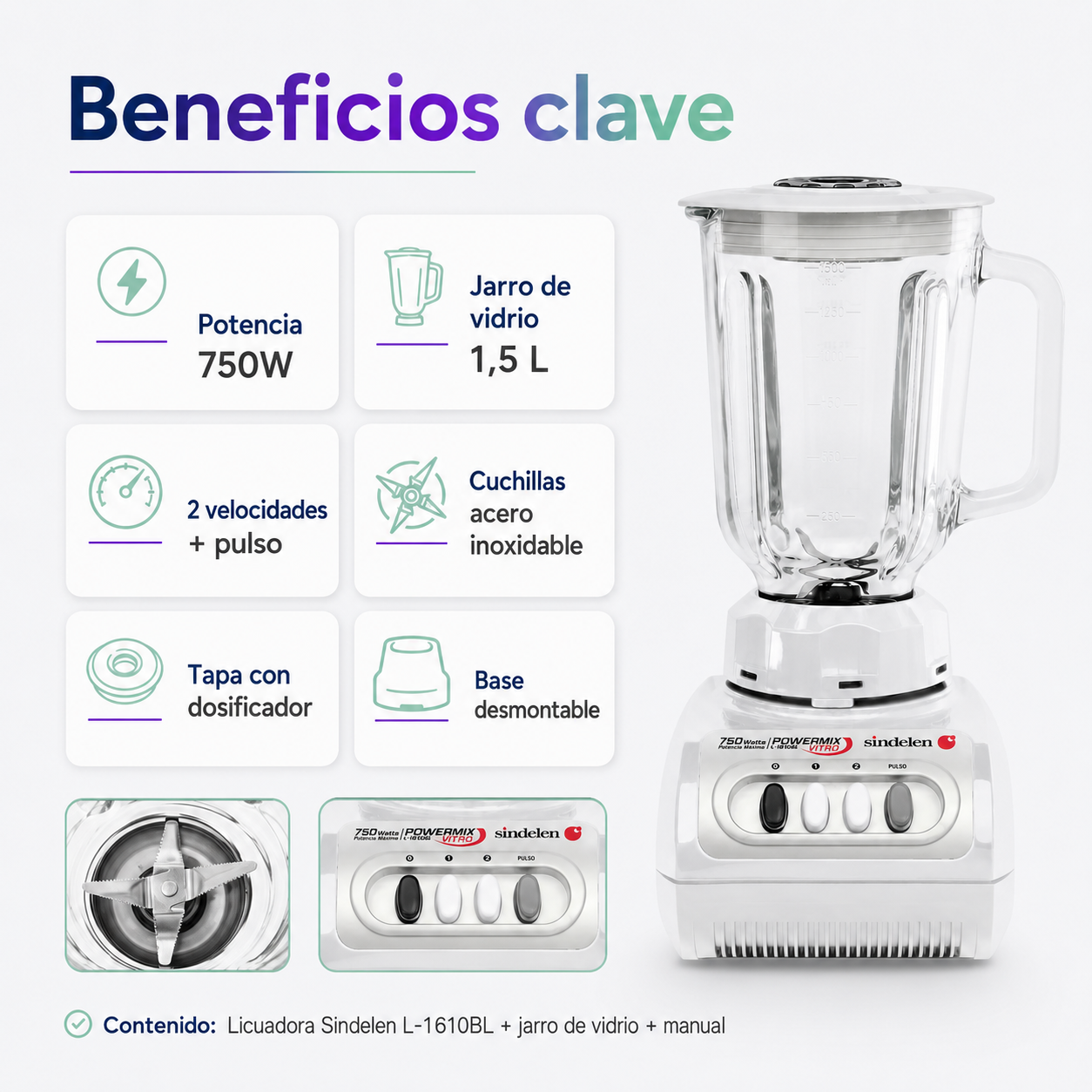 Licuadora Sindelen L-1610BL 750W con Jarro de Vidrio 1,5L | Blanca