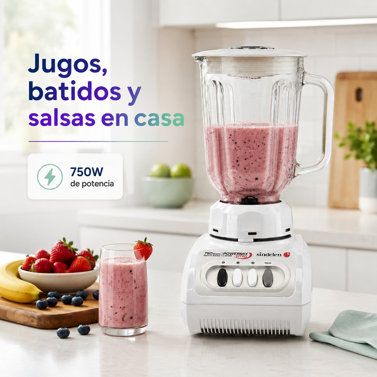 Licuadora Sindelen L-1610BL 750W con Jarro de Vidrio 1,5L | Blanca