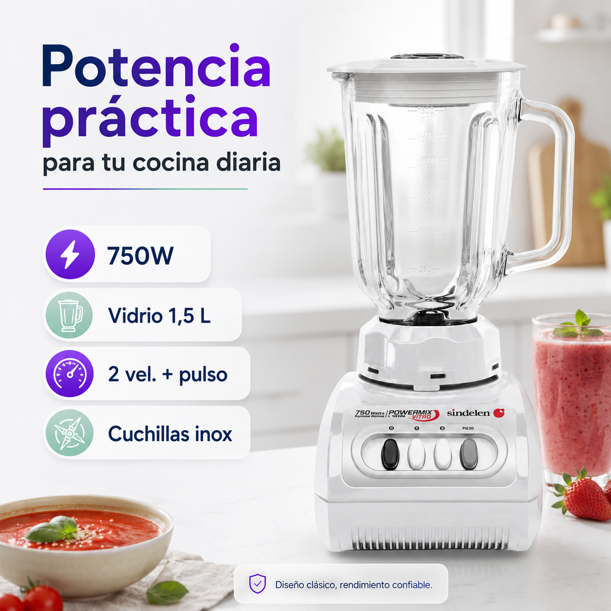 Licuadora Sindelen L-1610BL 750W con Jarro de Vidrio 1,5L | Blanca