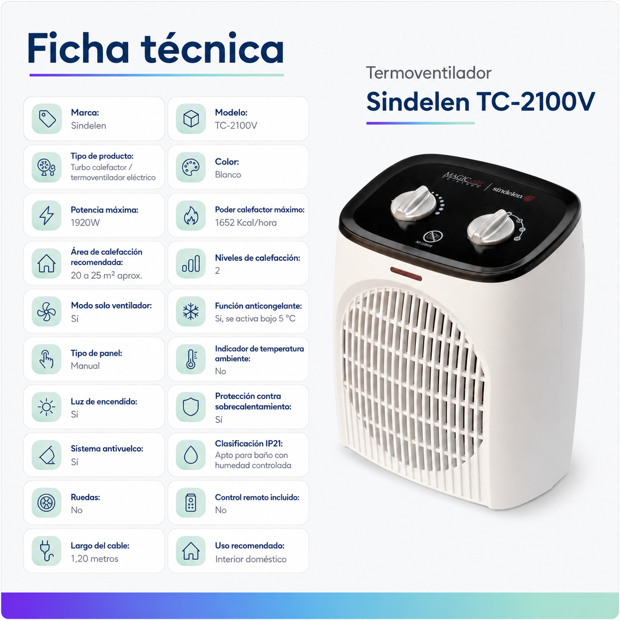 Termoventilador Sindelen TC-2100V 1920W Apto para Baño IP21