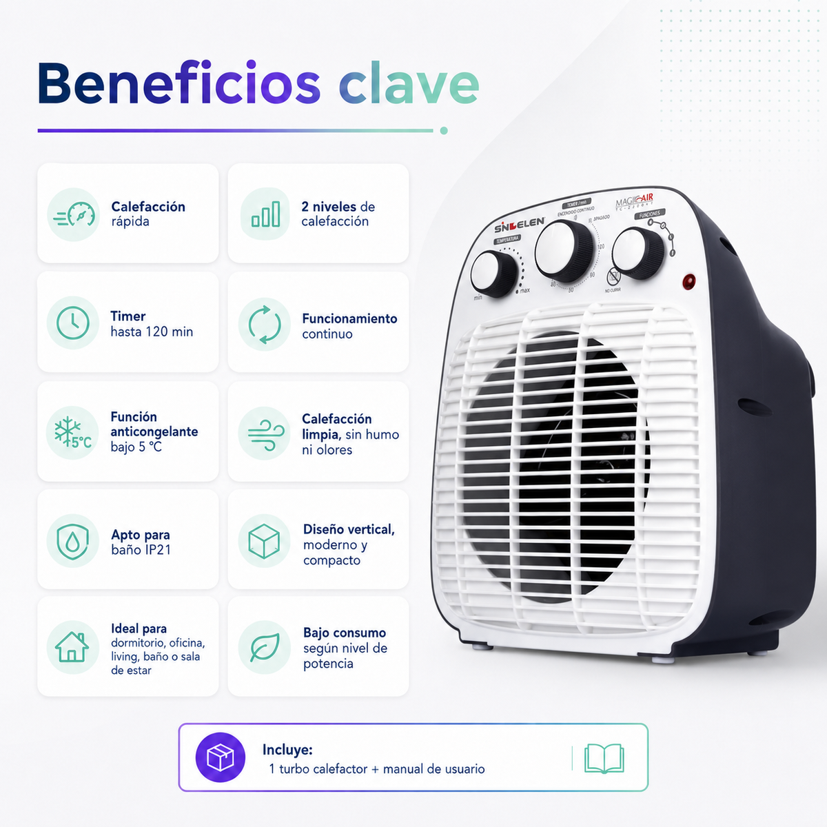 Termoventilador Sindelen TC-2200VT 1920W con Timer Apto para Baño IP21