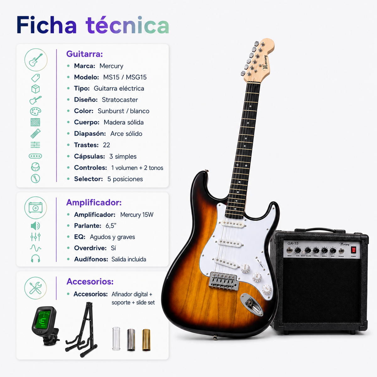 Pack Guitarra Eléctrica Mercury Stratocaster con Amplificador 15W y Accesorios | Sunburts