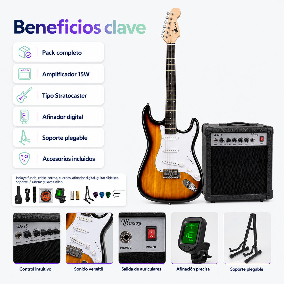 Pack Guitarra Eléctrica Mercury Stratocaster con Amplificador 15W y Accesorios | Sunburts