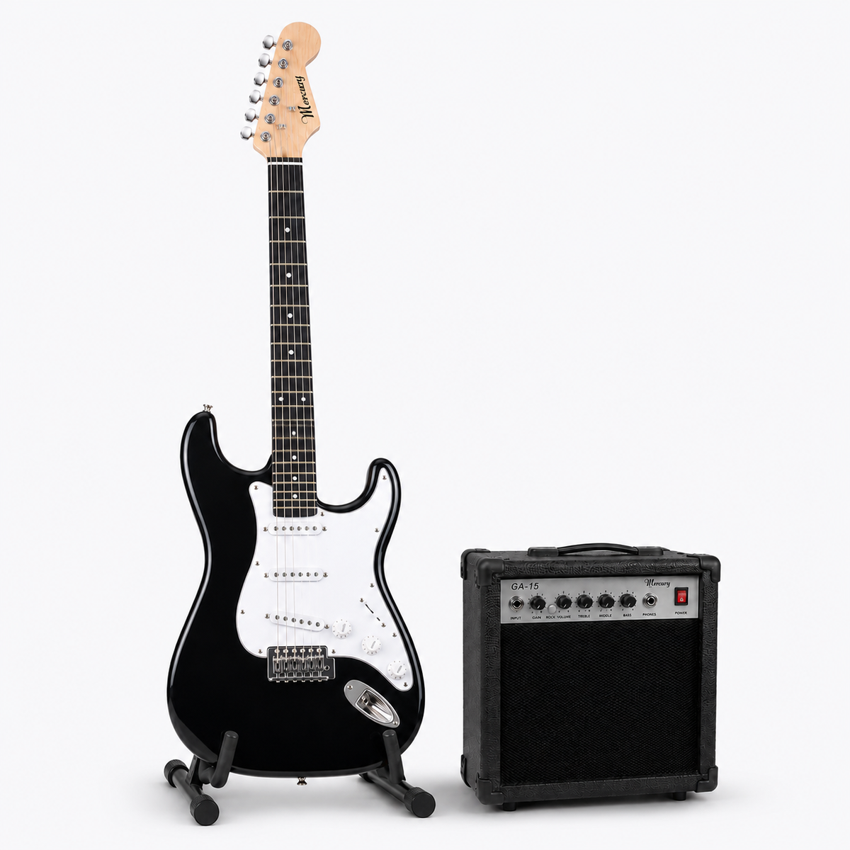 Pack Guitarra Eléctrica Mercury Stratocaster con Amplificador 15W y Accesorios | Negra
