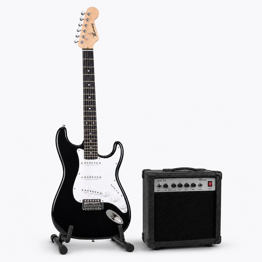 Pack Guitarra Eléctrica Mercury Stratocaster con Amplificador 15W y Accesorios | Negra