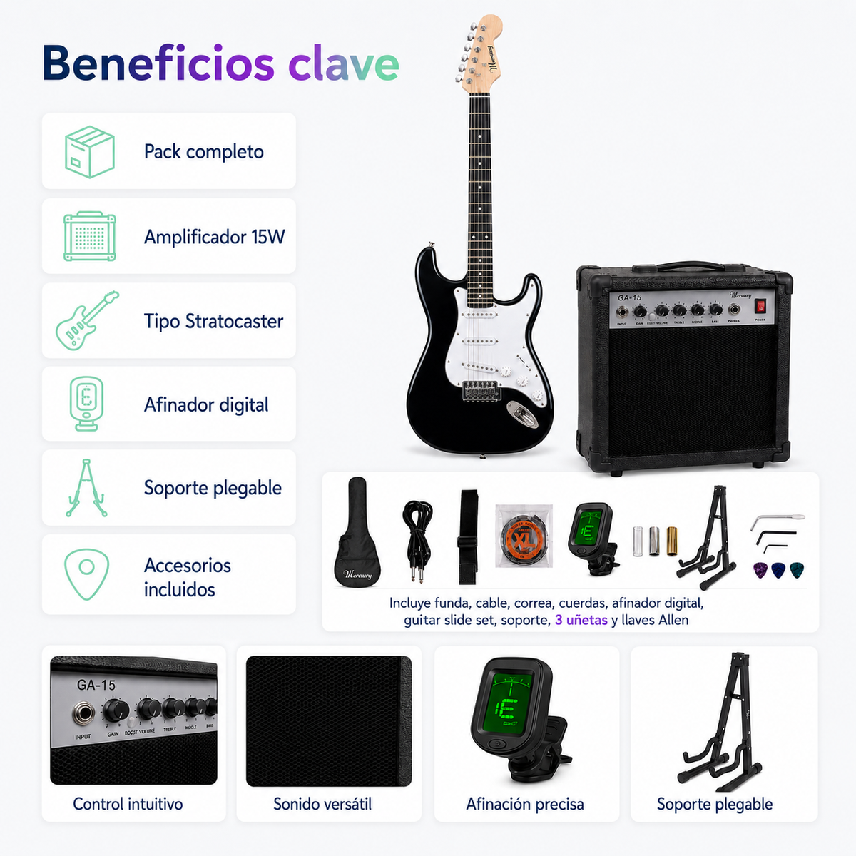 Pack Guitarra Eléctrica Mercury Stratocaster con Amplificador 15W y Accesorios | Negra