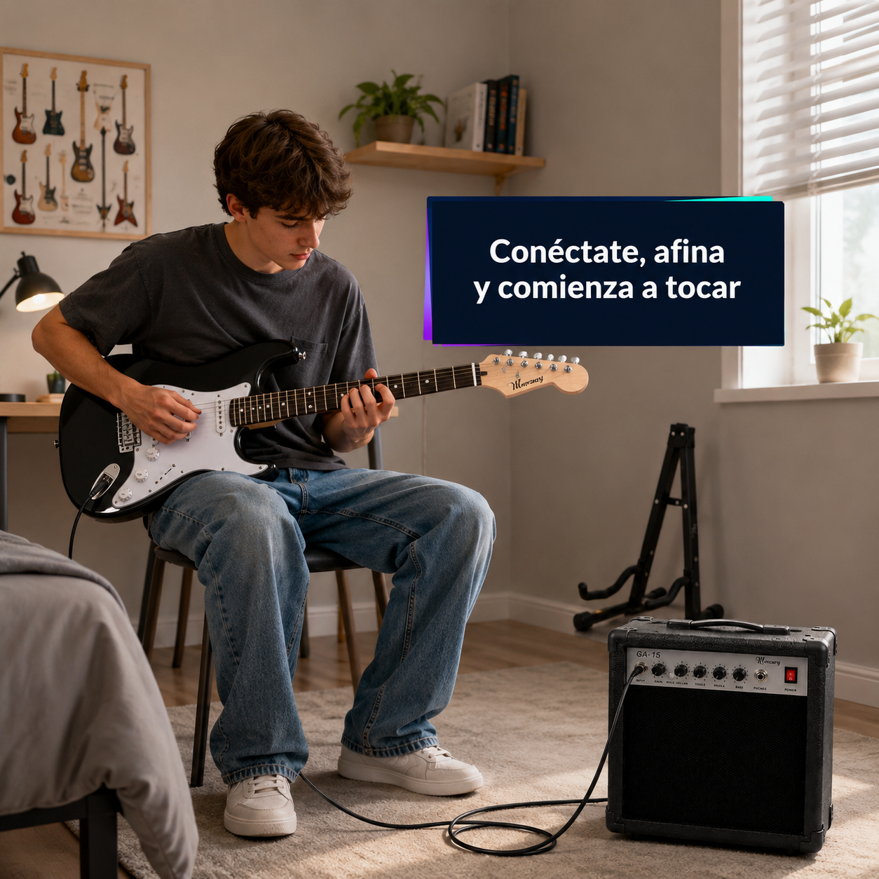 Pack Guitarra Eléctrica Mercury Stratocaster con Amplificador 15W y Accesorios | Negra