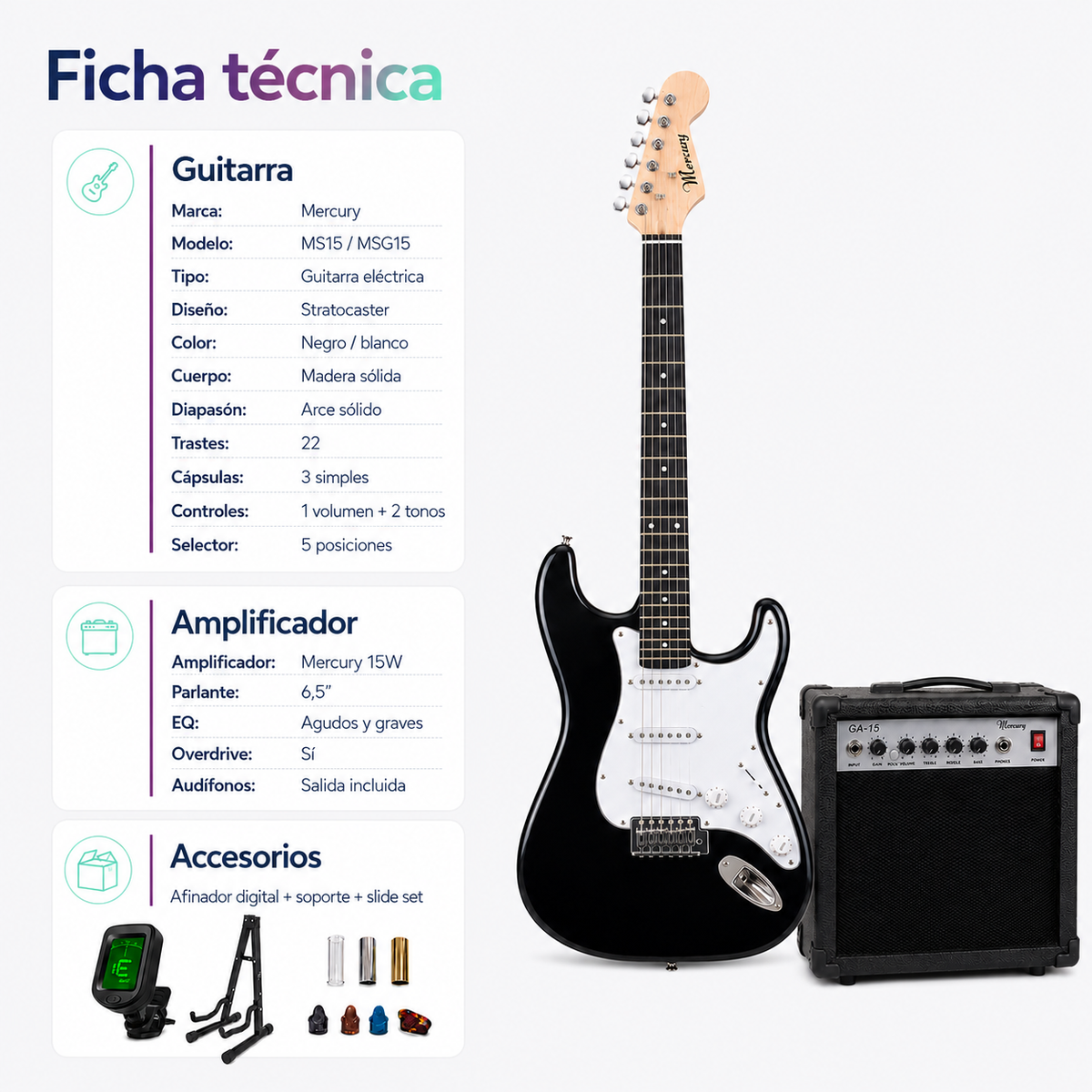 Pack Guitarra Eléctrica Mercury Stratocaster con Amplificador 15W y Accesorios | Negra