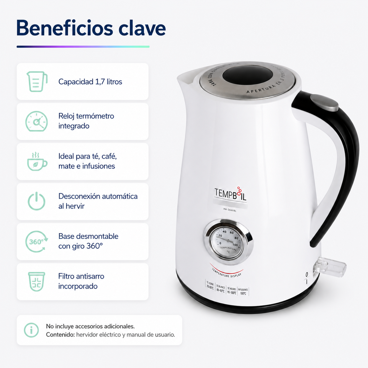 Hervidor Eléctrico Sindelen HA-2660BL 1,7 Litros con Termómetro Blanco