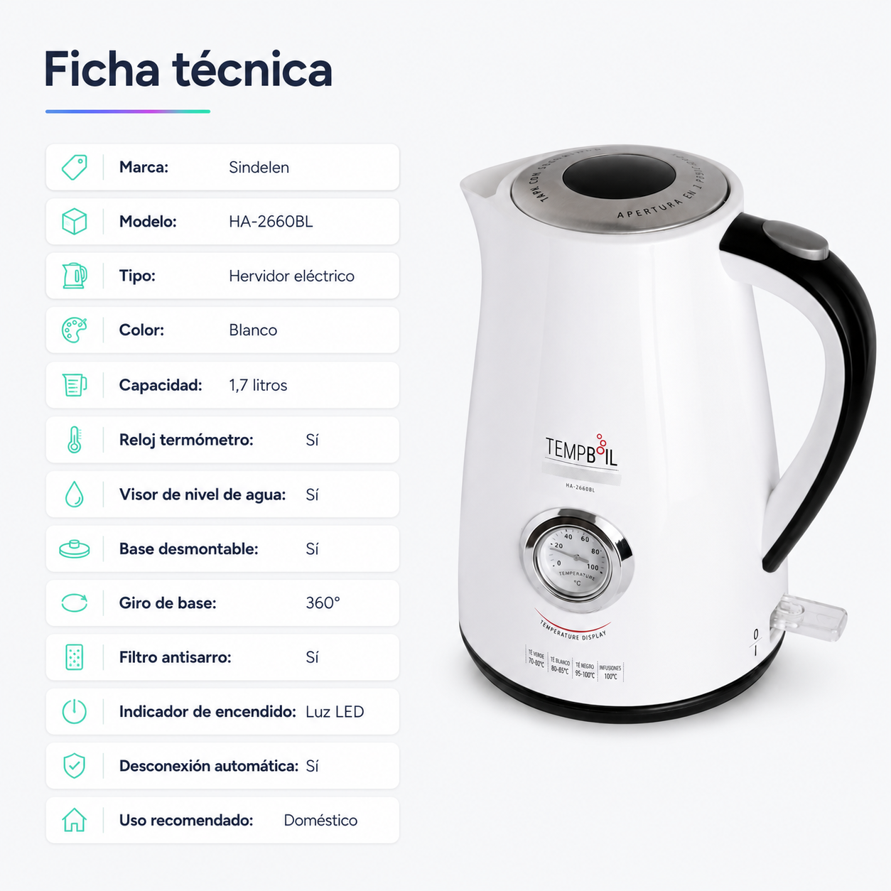 Hervidor Eléctrico Sindelen HA-2660BL 1,7 Litros con Termómetro Blanco