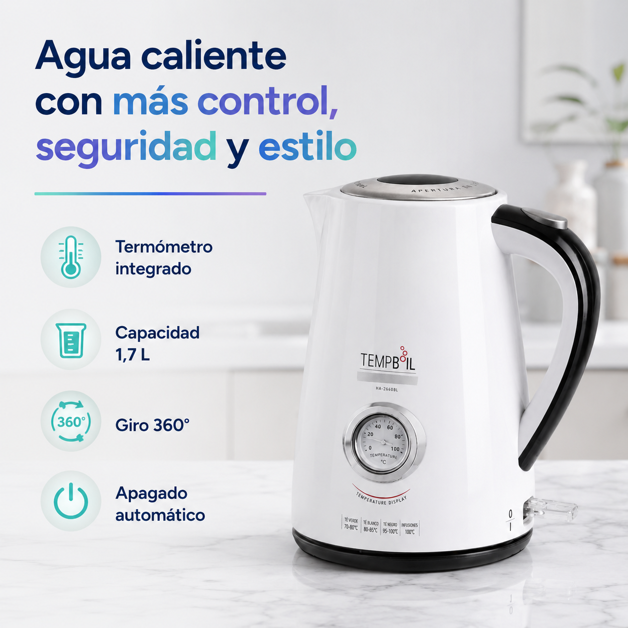 Hervidor Eléctrico Sindelen HA-2660BL 1,7 Litros con Termómetro Blanco