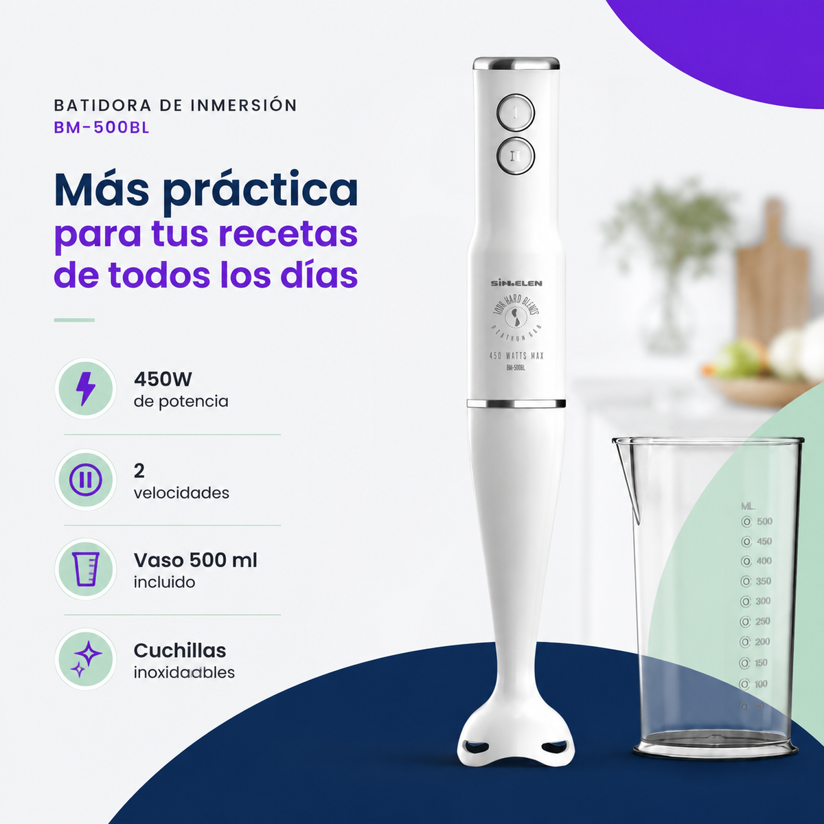 Batidora de Inmersión Sindelen BM-500BL 450W con Vaso 500 ml