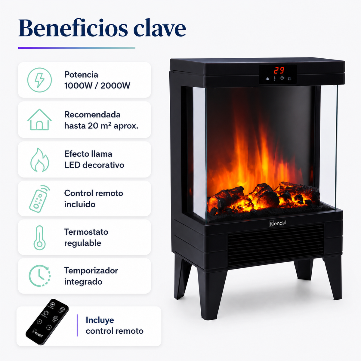 Chimenea Eléctrica Kendal KCE-96S 2000W con Control Remoto y Efecto Llama LED