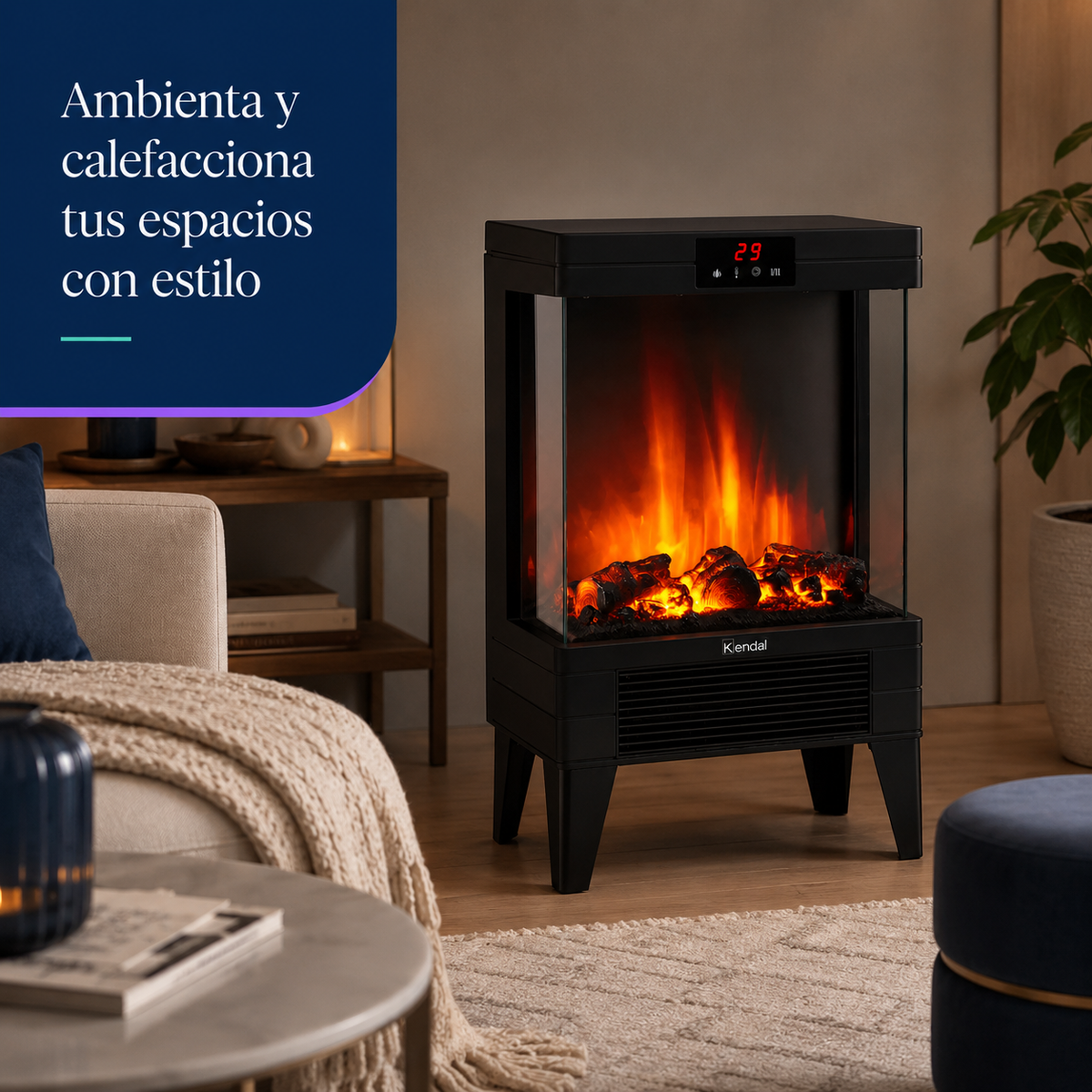 Chimenea Eléctrica Kendal KCE-96S 2000W con Control Remoto y Efecto Llama LED