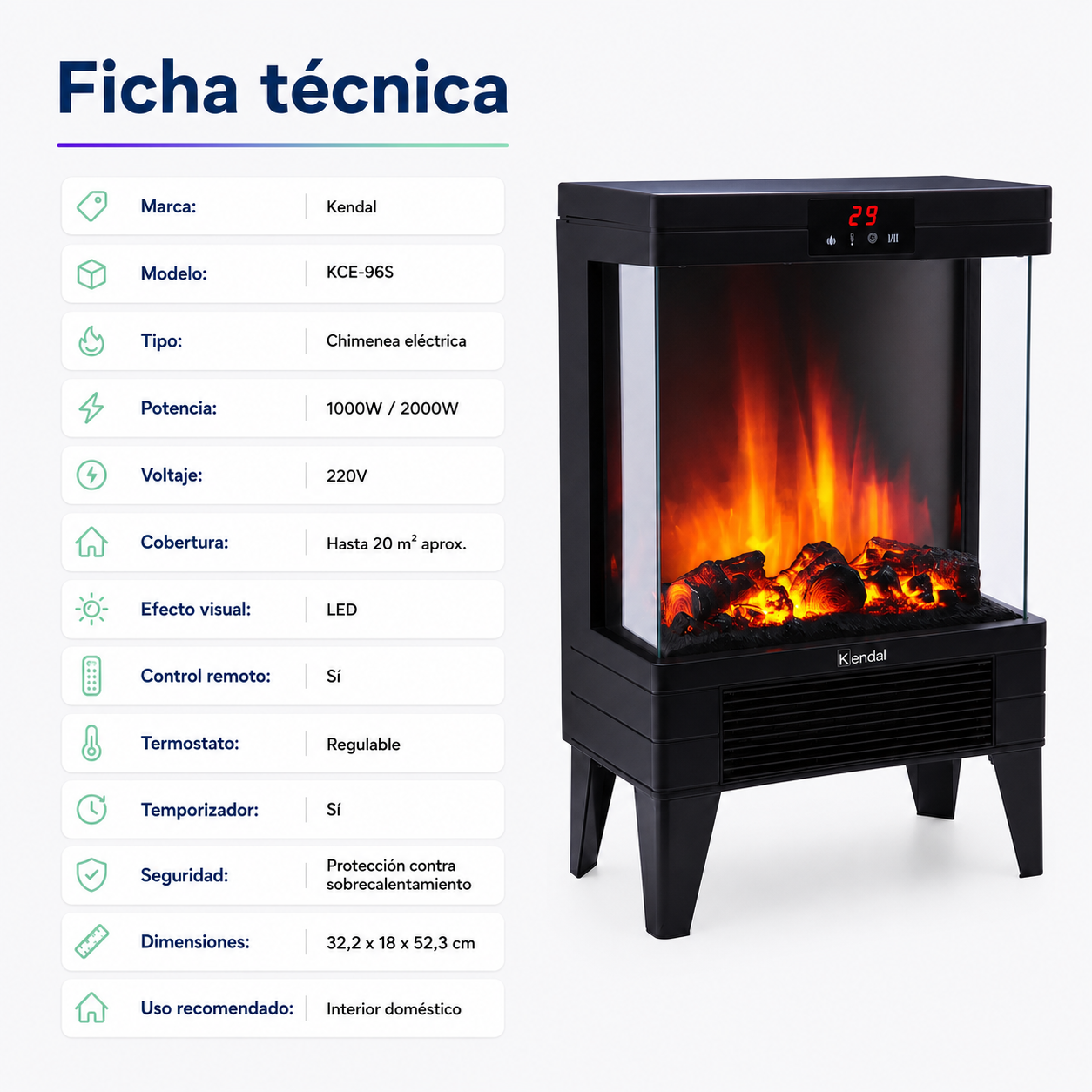 Chimenea Eléctrica Kendal KCE-96S 2000W con Control Remoto y Efecto Llama LED