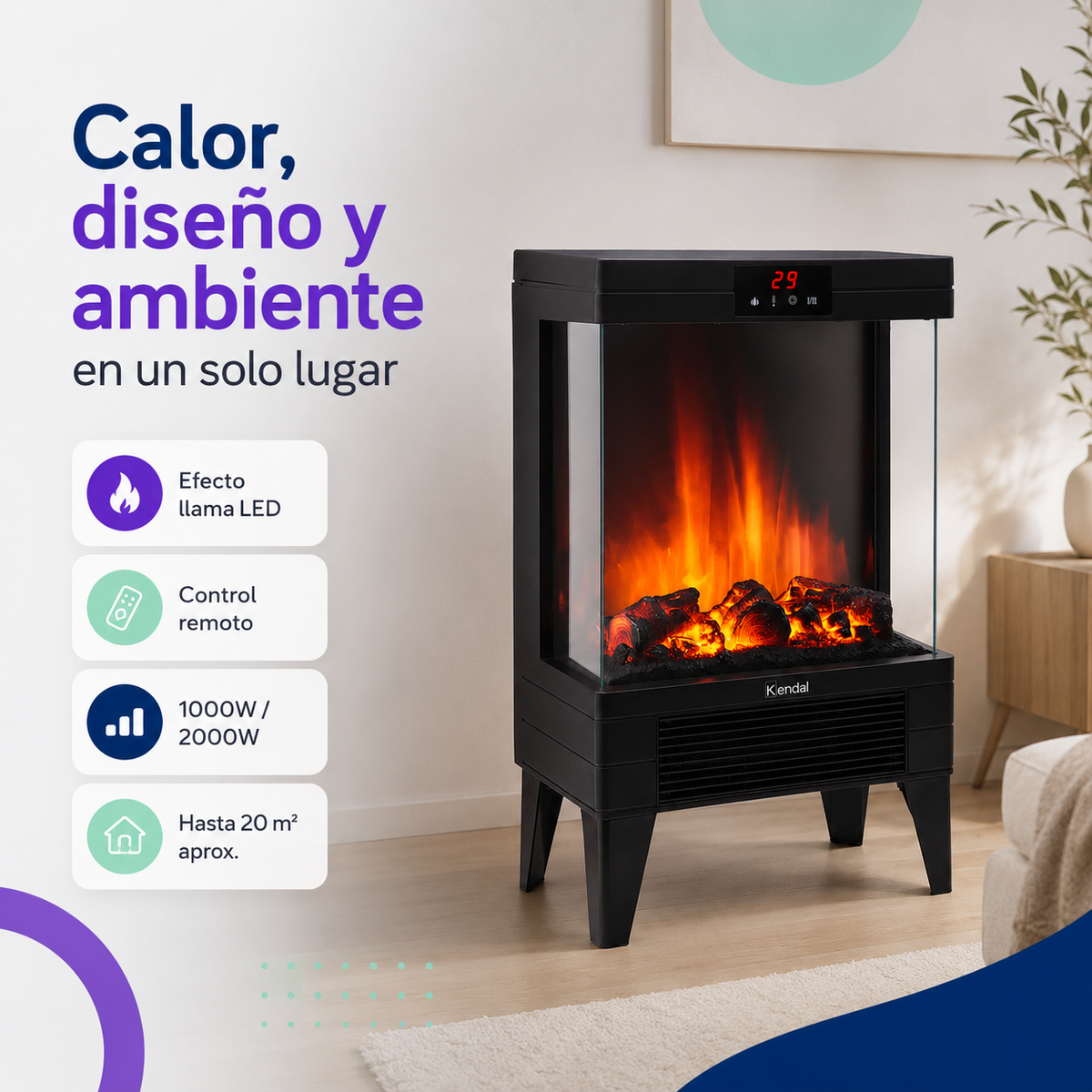 Chimenea Eléctrica Kendal KCE-96S 2000W con Control Remoto y Efecto Llama LED