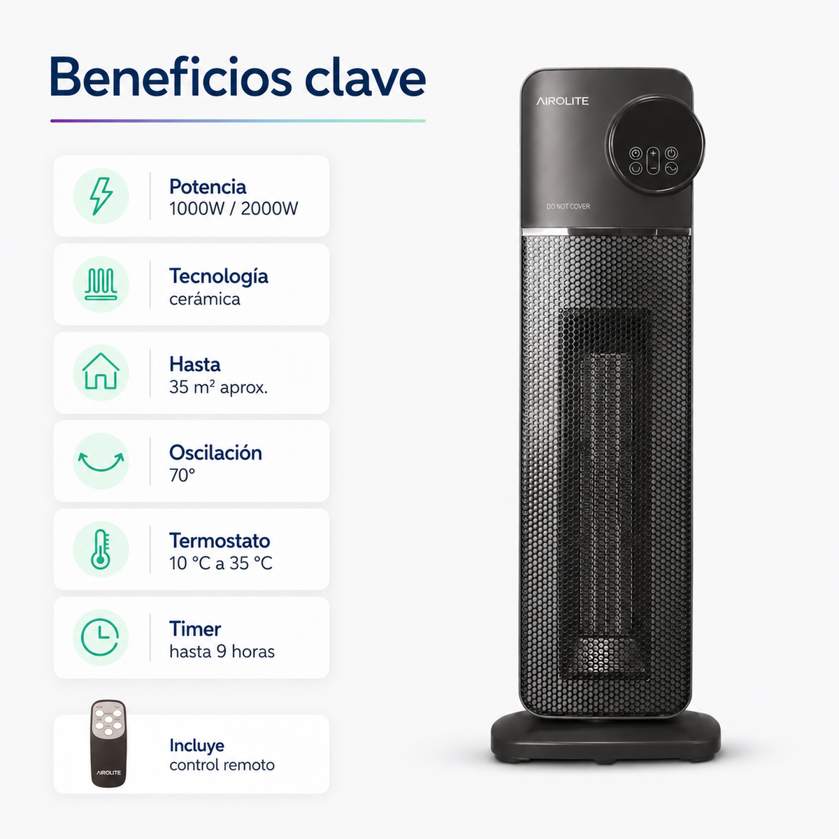 Termoventilador Cerámico Digital Airolite HTC-2022 RC 2000W con Control Remoto