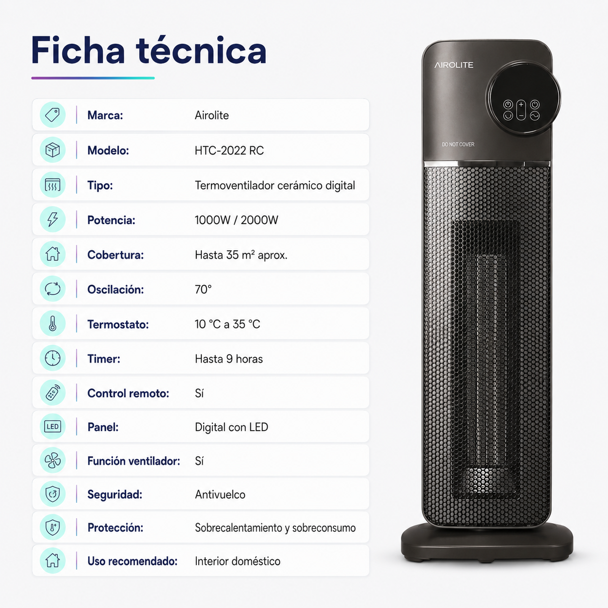 Termoventilador Cerámico Digital Airolite HTC-2022 RC 2000W con Control Remoto