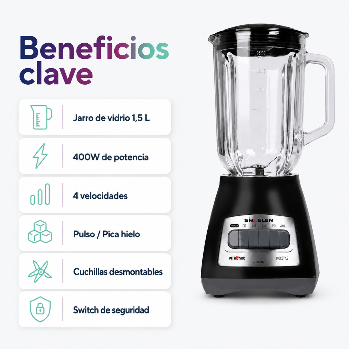 Licuadora Sindelen L-1600NG Vitromix 1,5L con Jarro de Vidrio