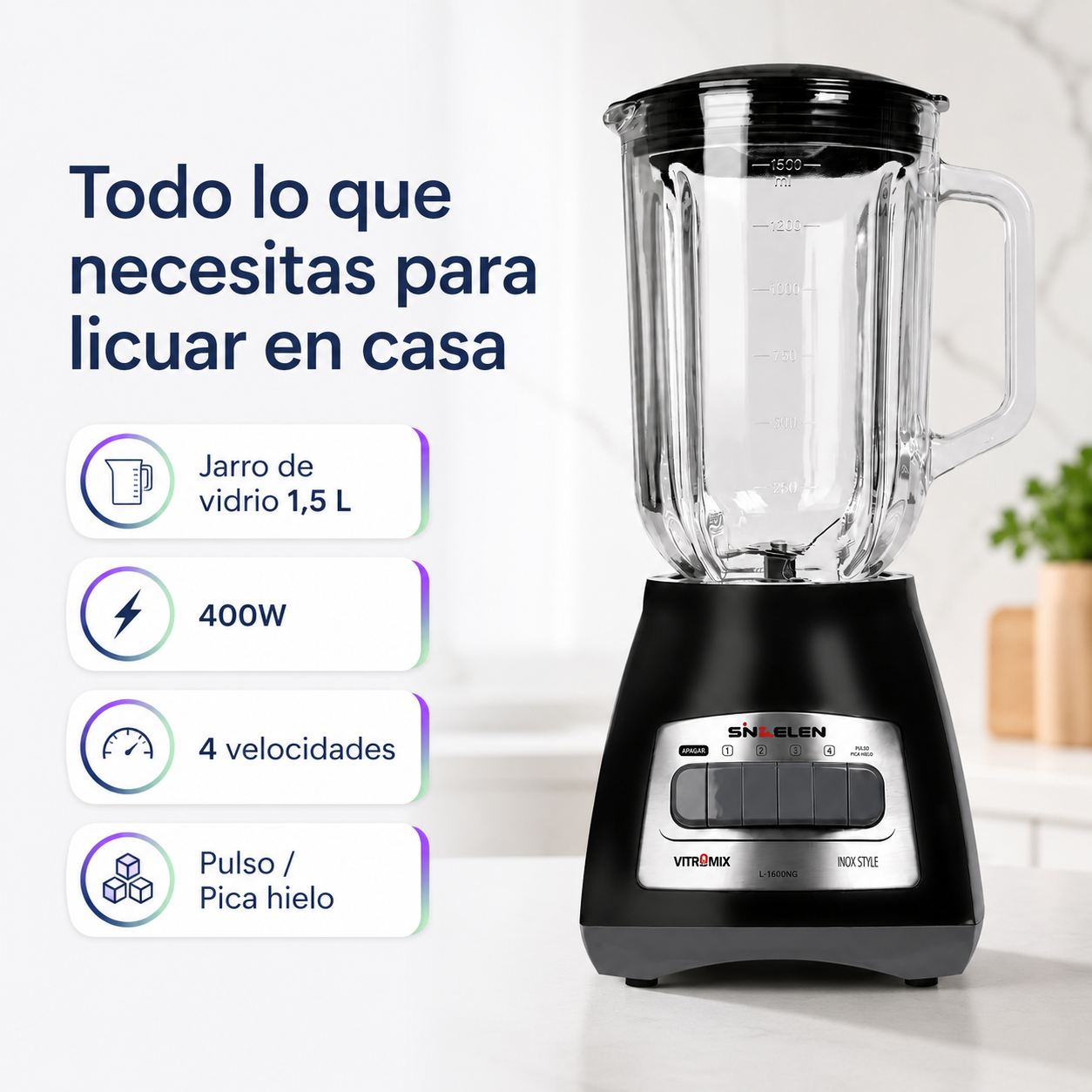 Licuadora Sindelen L-1600NG Vitromix 1,5L con Jarro de Vidrio