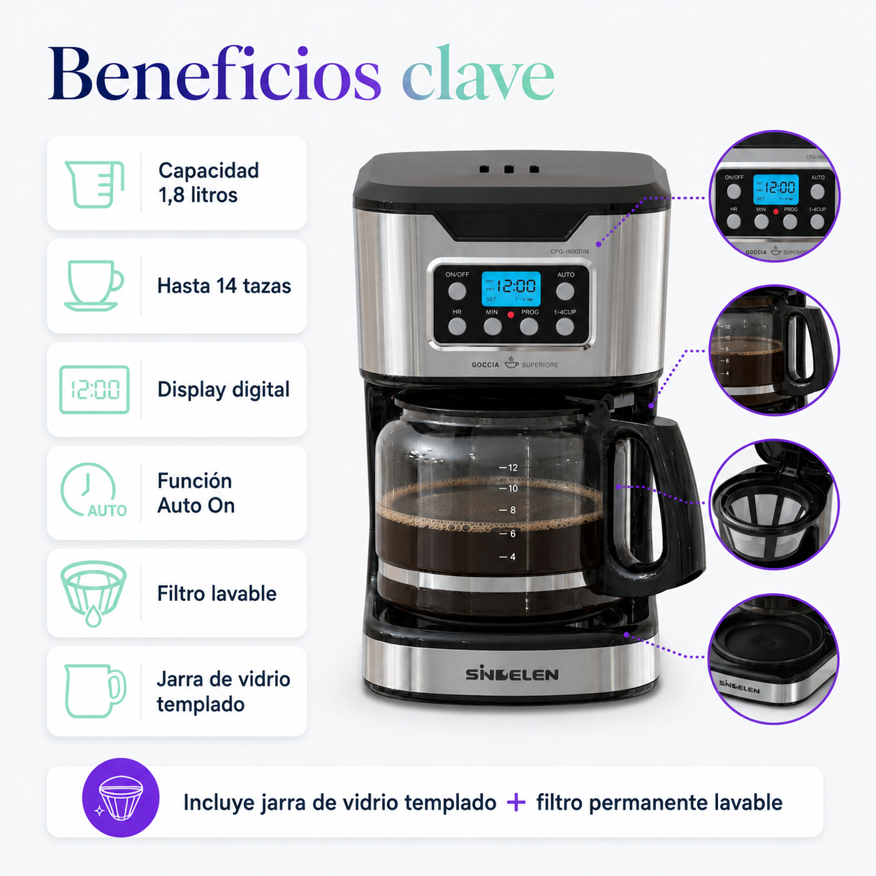 Cafetera por Goteo Sindelen Goccia Superiore CFG-1800DIN 1,8L