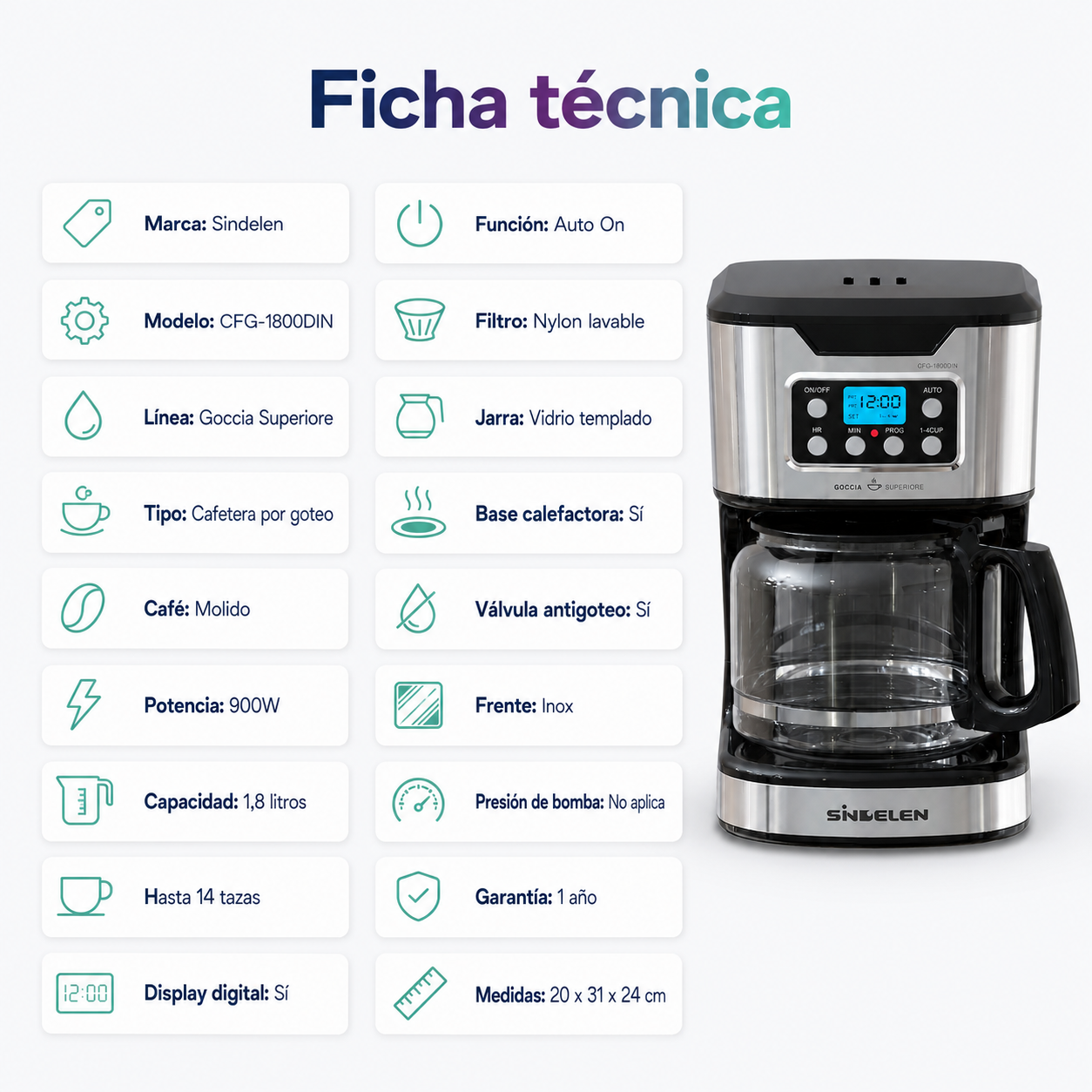 Cafetera por Goteo Sindelen Goccia Superiore CFG-1800DIN 1,8L