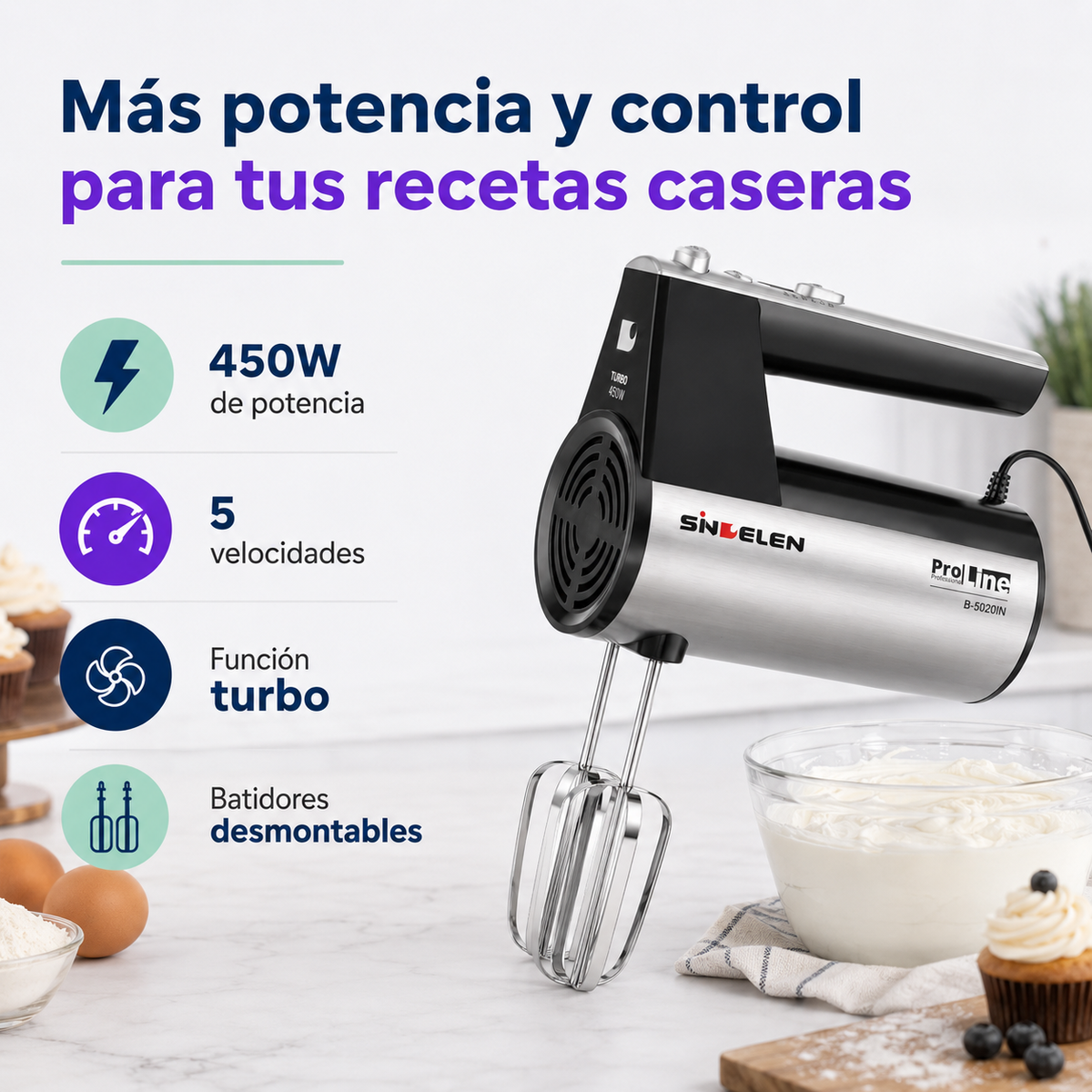 Batidora Manual Sindelen B-5020IN 450W con 5 Velocidades y Función Turbo