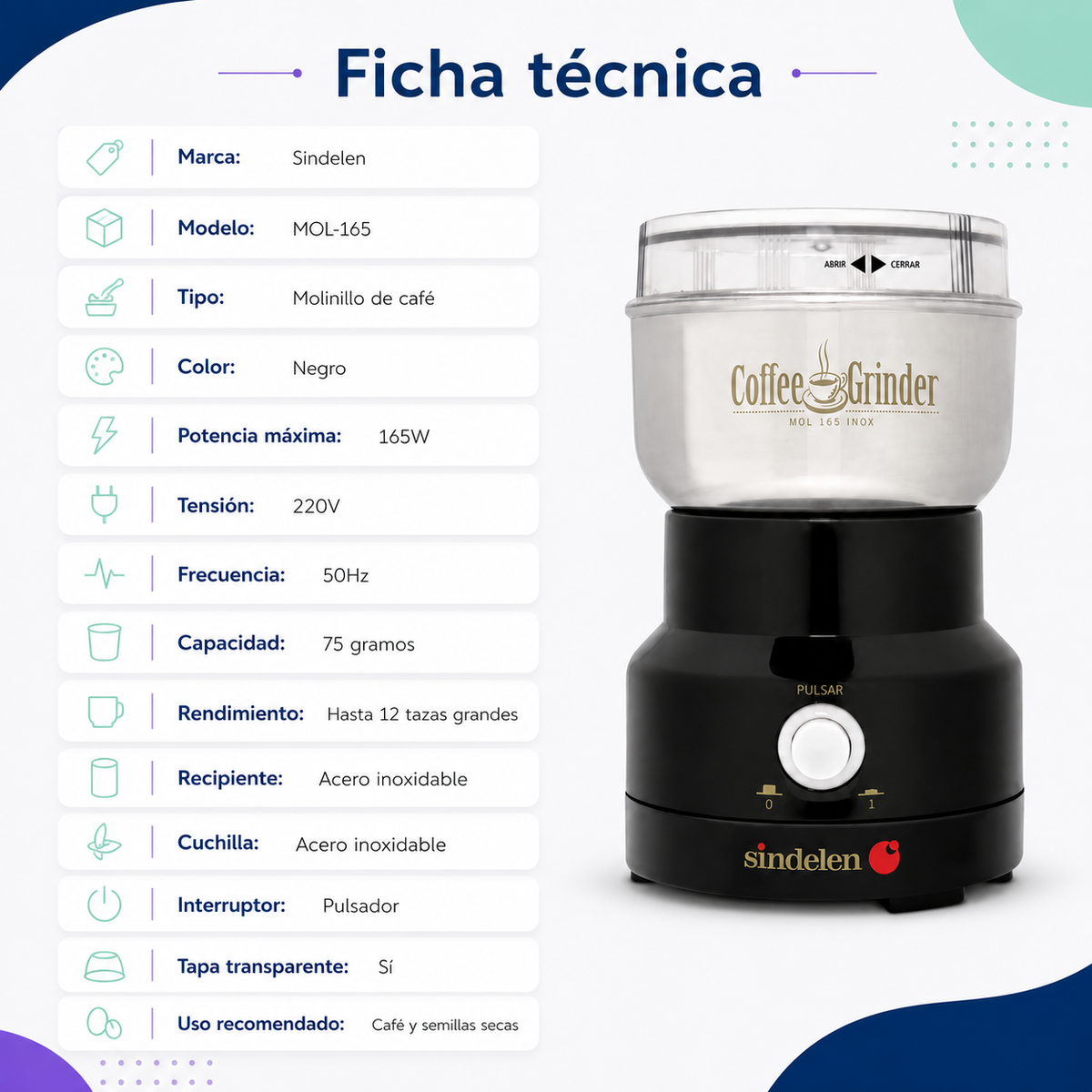 Molinillo Electrico De Café Sindelen 12 Tazas para Granos y Semillas