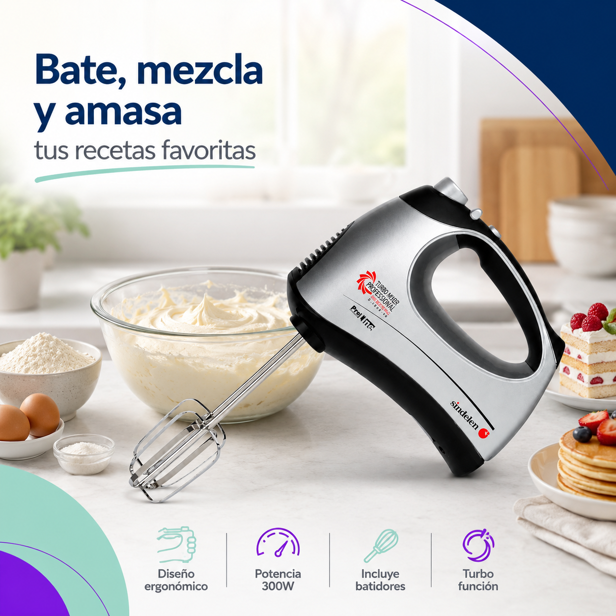 Batidora Manual Sindelen B-3005TP 300W con 5 Velocidades y Función Turbo