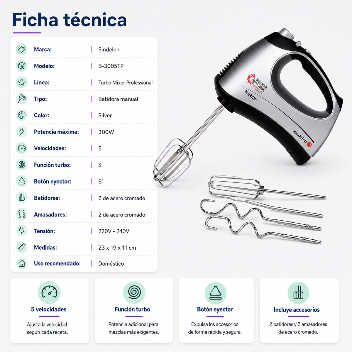 Batidora Manual Sindelen B-3005TP 300W con 5 Velocidades y Función Turbo