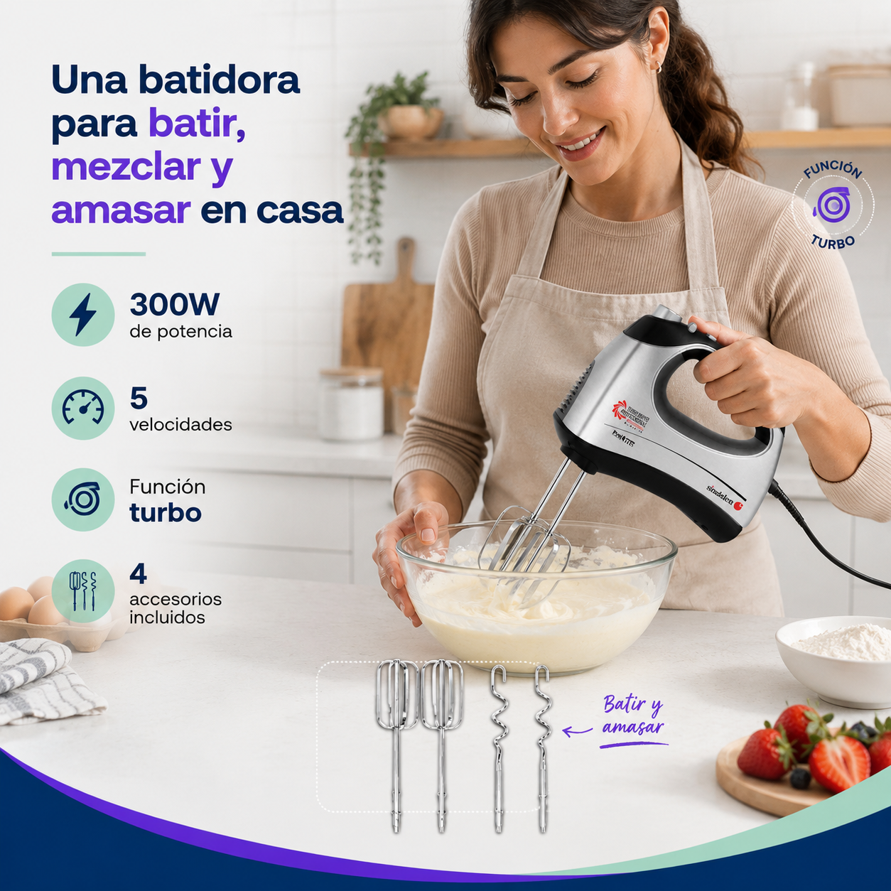 Batidora Manual Sindelen B-3005TP 300W con 5 Velocidades y Función Turbo