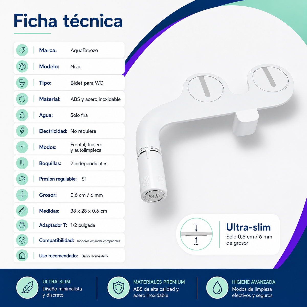 Bidet para WC AquaBreeze Niza Ajustable