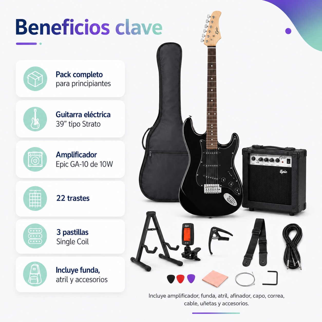 Guitarra Eléctrica Epic 39” con Amplificador 10W y Accesorios  | Negra