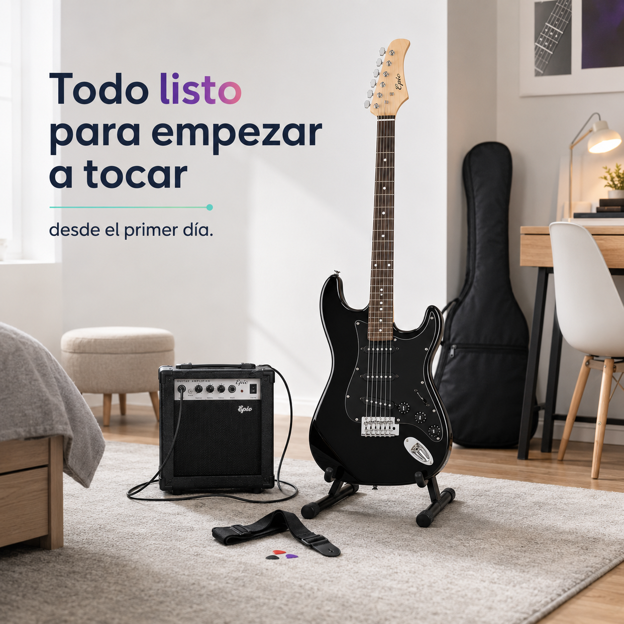 Guitarra Eléctrica Epic 39” con Amplificador 10W y Accesorios  | Negra