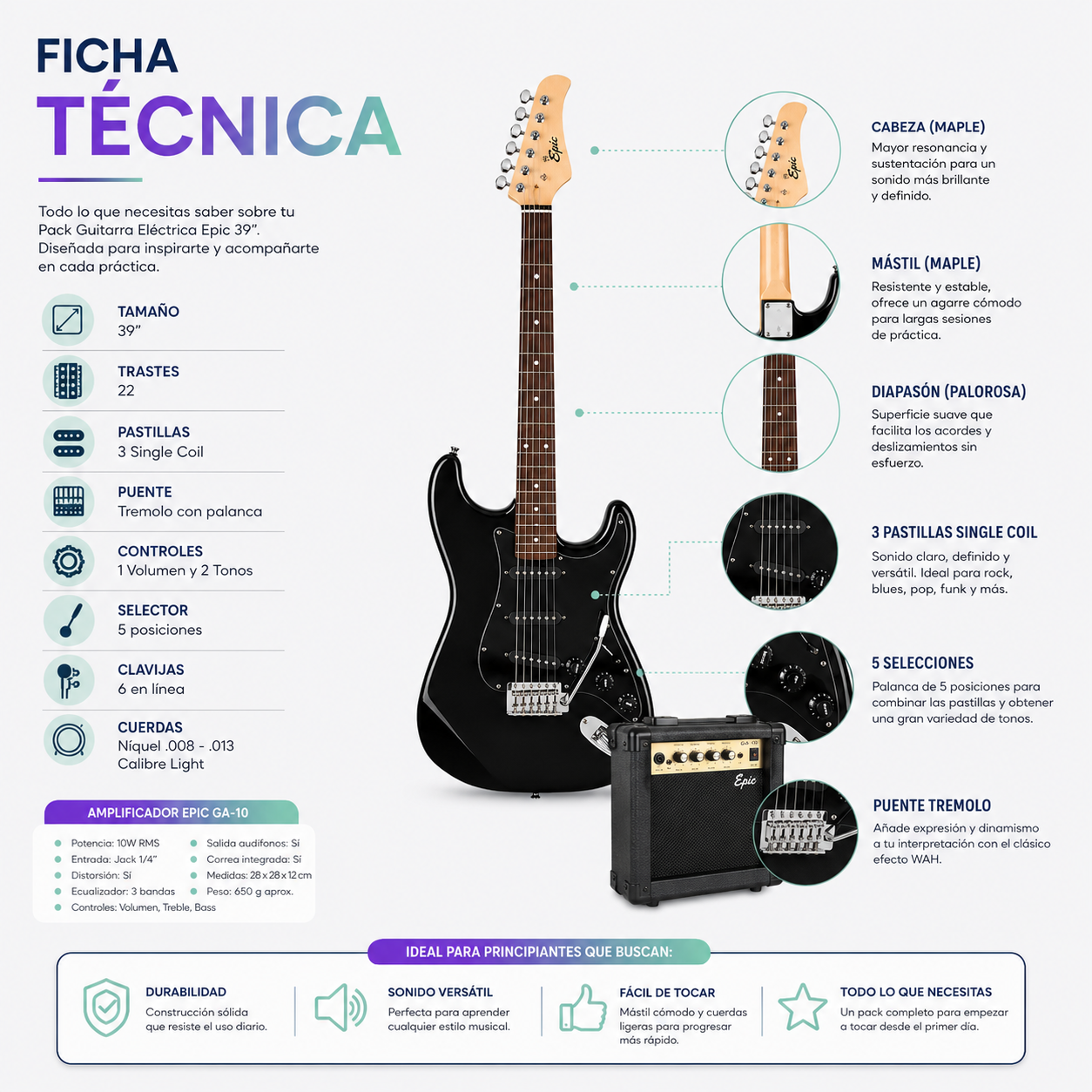 Guitarra Eléctrica Epic 39” con Amplificador 10W y Accesorios  | Negra