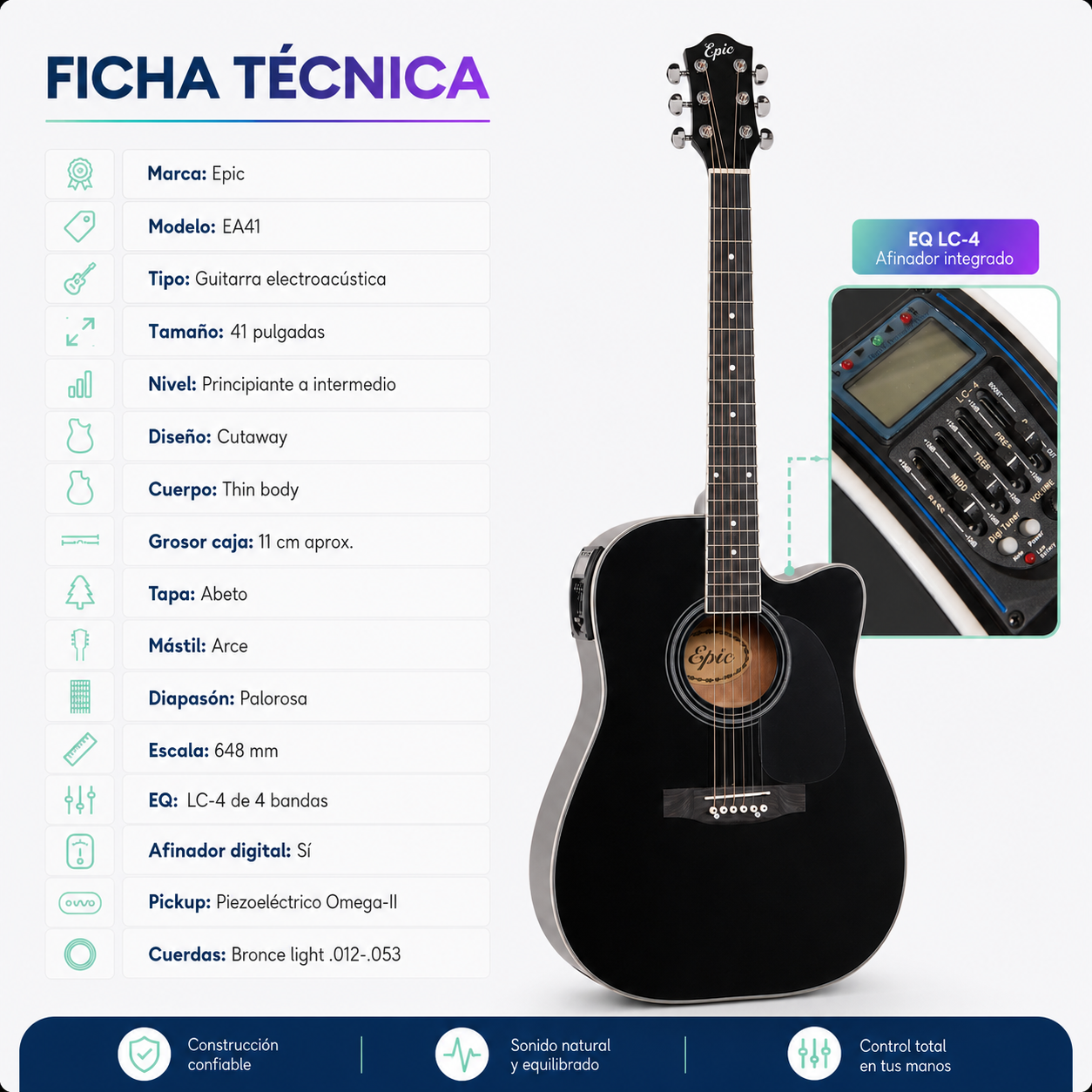 Guitarra Electroacústica Epic EA41 41” Thin Body con EQ y Afinador | Negra