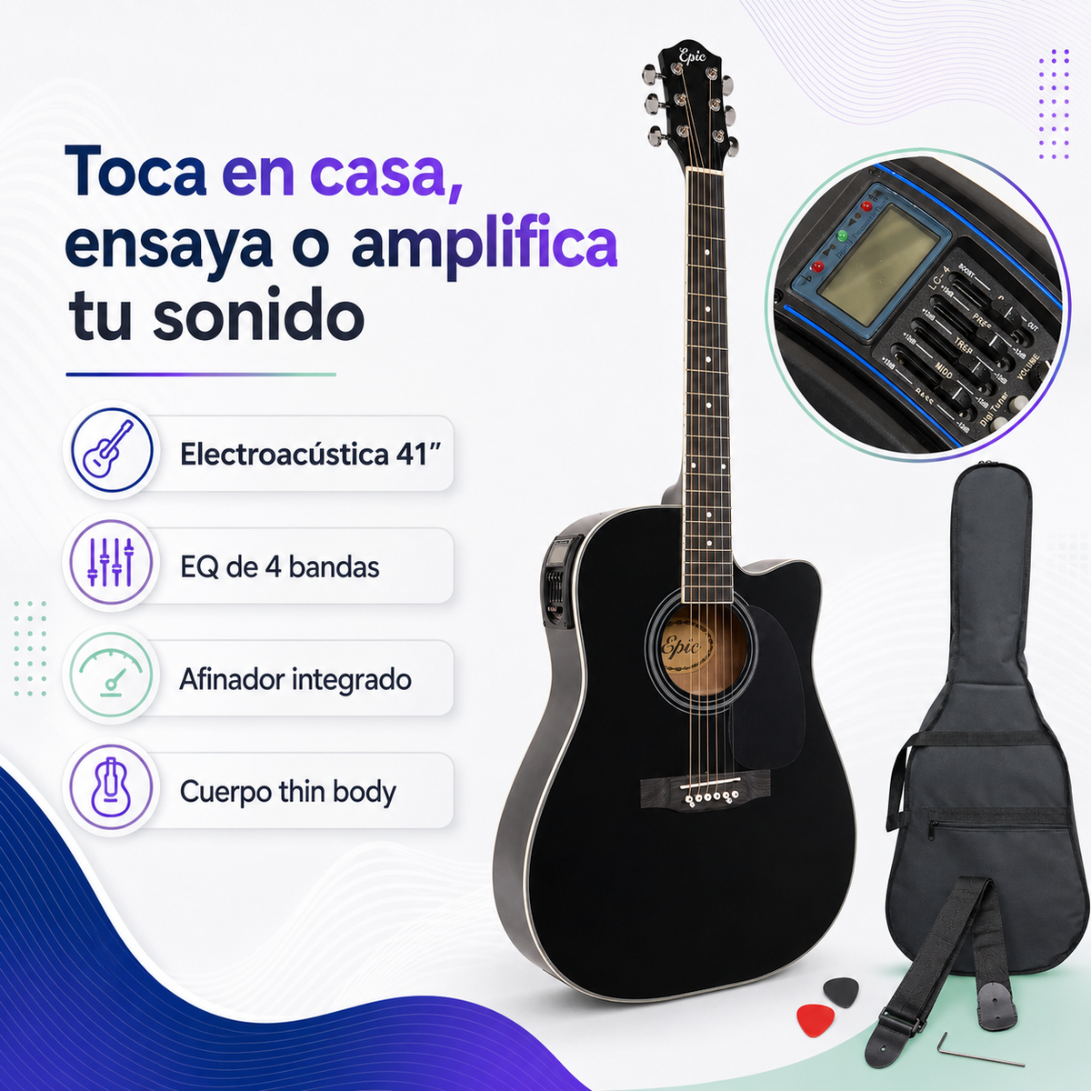 Guitarra Electroacústica Epic EA41 41” Thin Body con EQ y Afinador | Negra