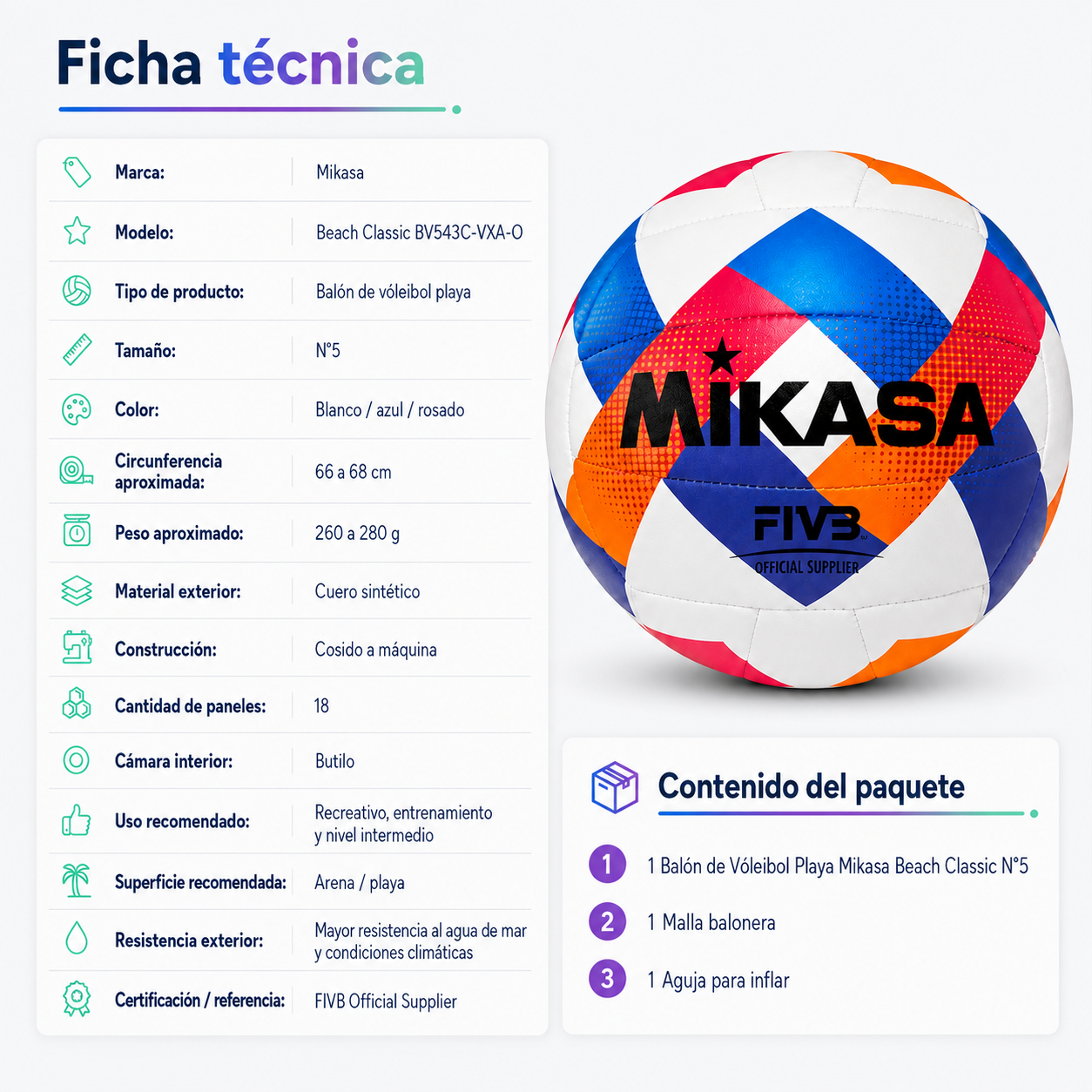 Balón de Vóleibol Playa Mikasa Beach Classic N°5 Blanco Azul Rosado