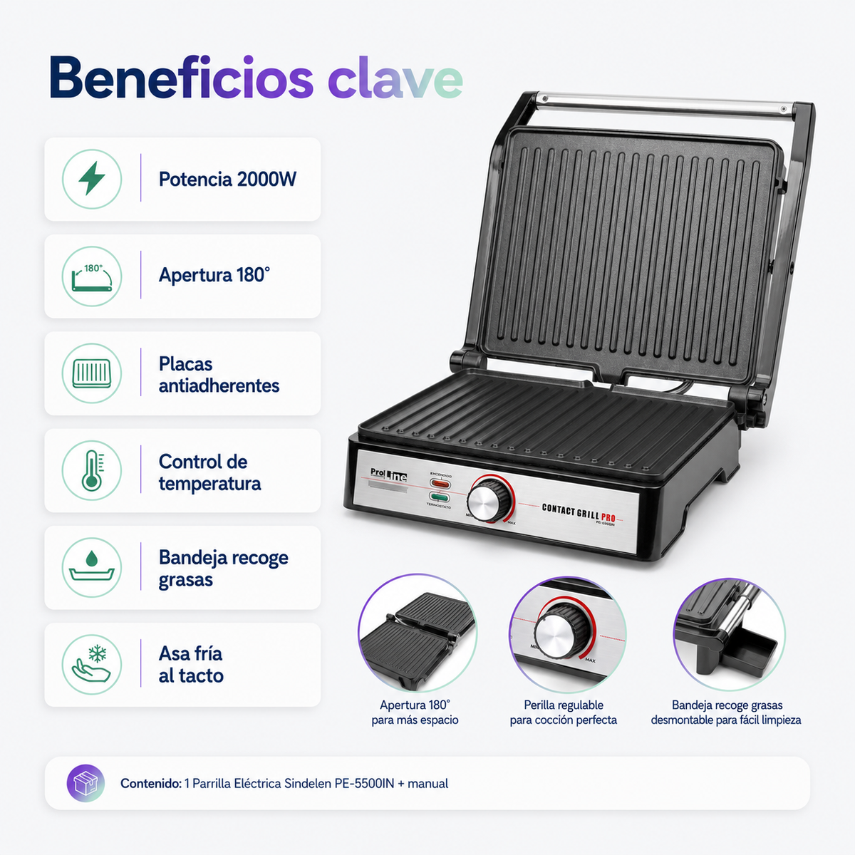 Parrilla Eléctrica Sindelen PE-5500IN Contact Grill Pro 2000W