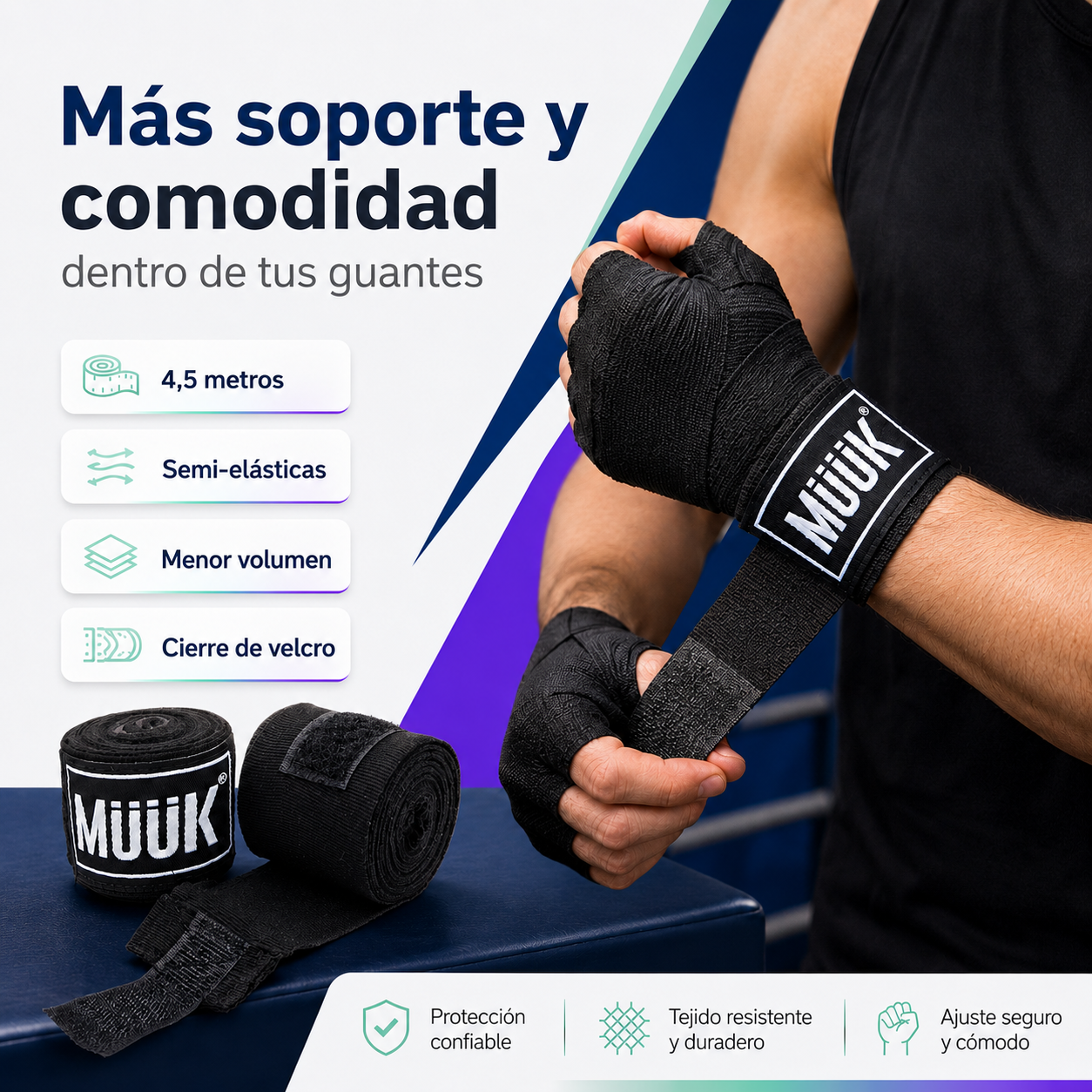 Pack Vendas de Boxeo Muuk Super Flexibles 4,5 m con Velcro | Negro