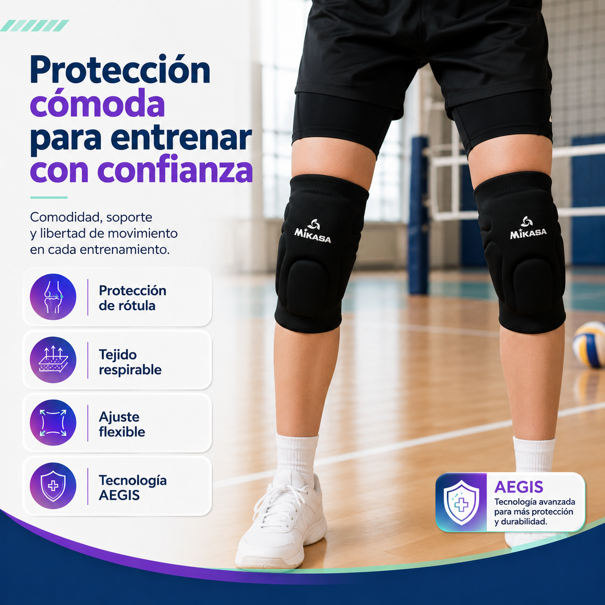 Rodillera de Vóleibol Mikasa Junior Uní-Talla Negra con Protección de Rótula