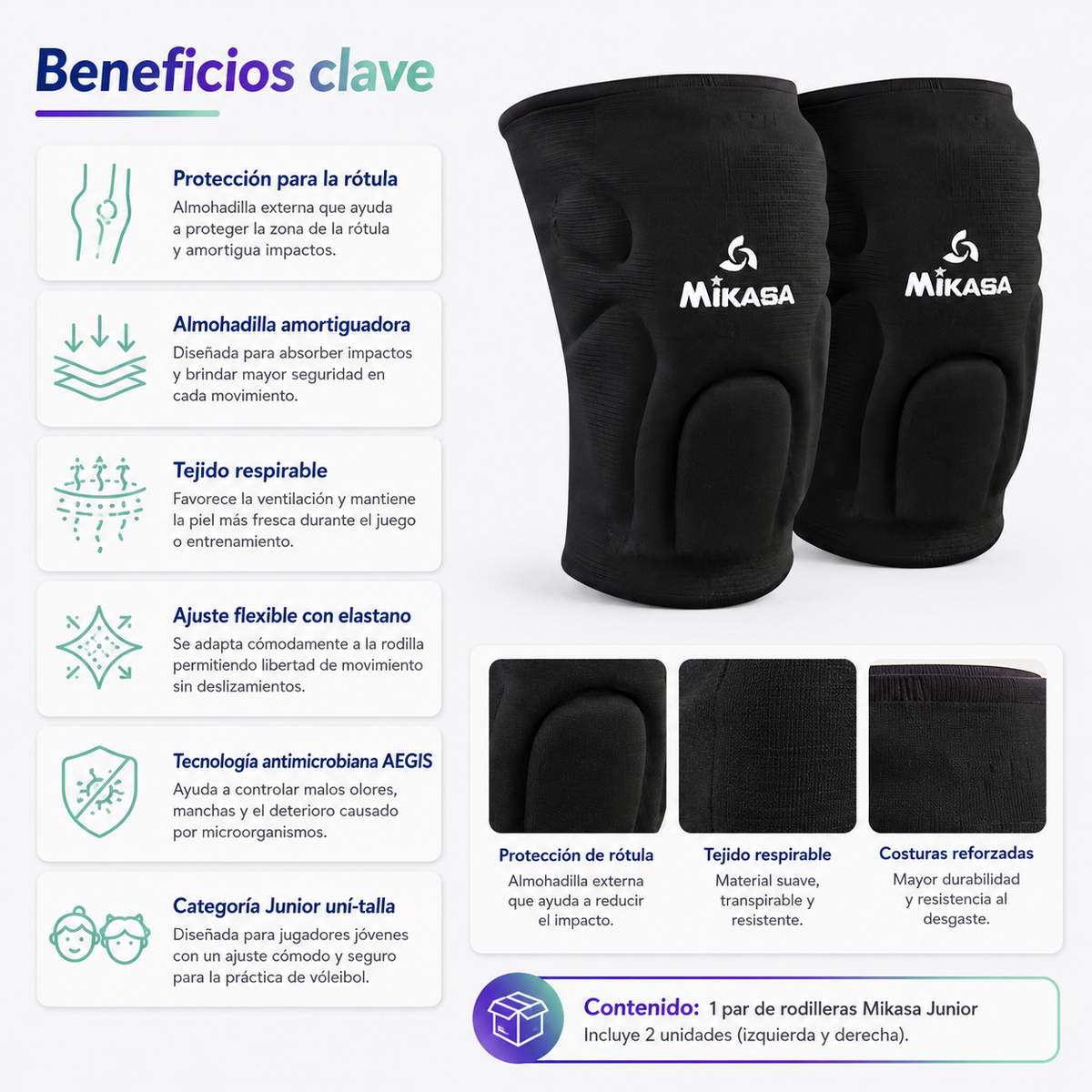 Rodillera de Vóleibol Mikasa Junior Uní-Talla Negra con Protección de Rótula